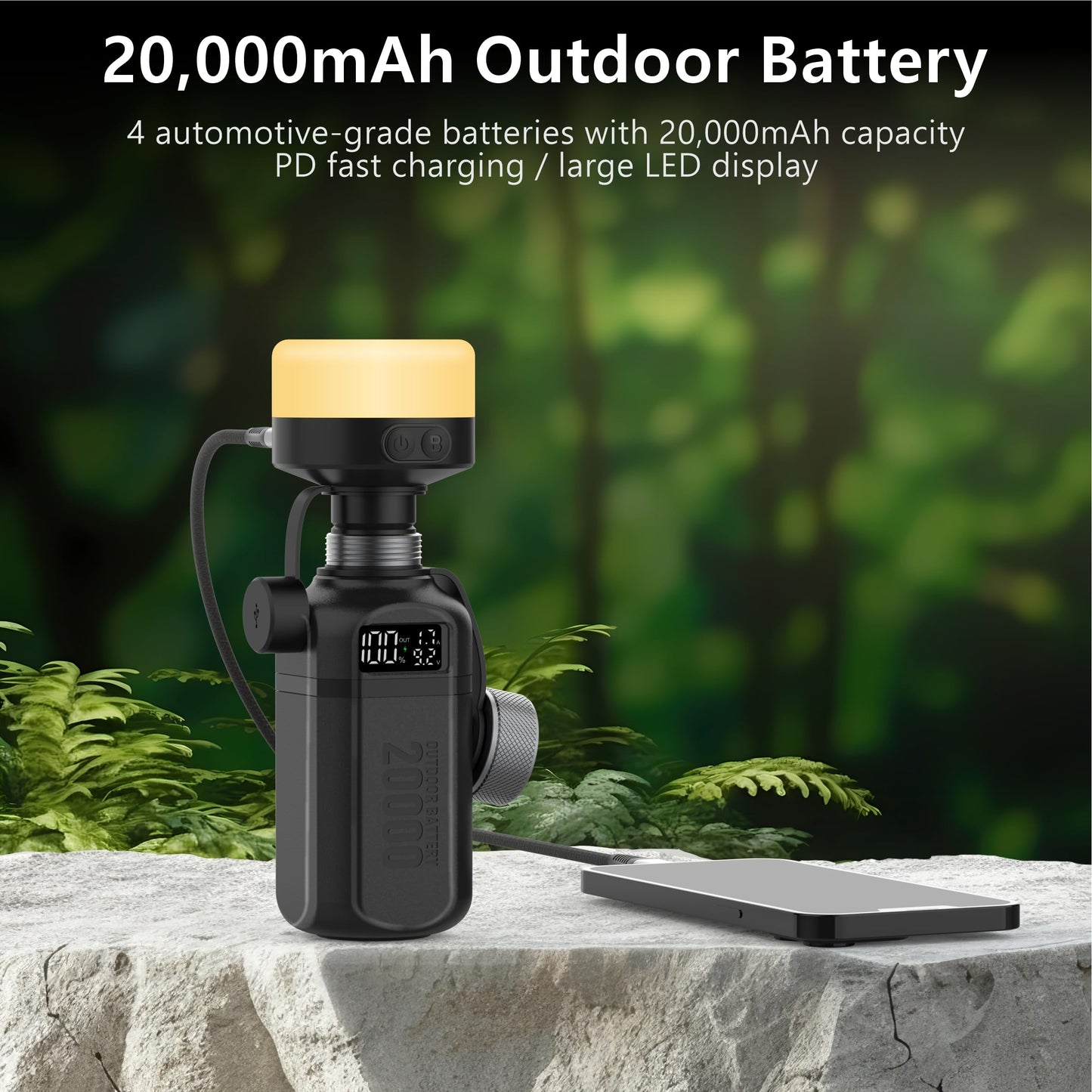 aswayke 20,000mAh Rugged Power Bank with Fast Charge USB-C PD, IP68 Waterproof Shockproof, Includes 420lm Bright Camping Lantern, Tactical Outdoor Charger for Hiking Camping Survival Emergency（Black）