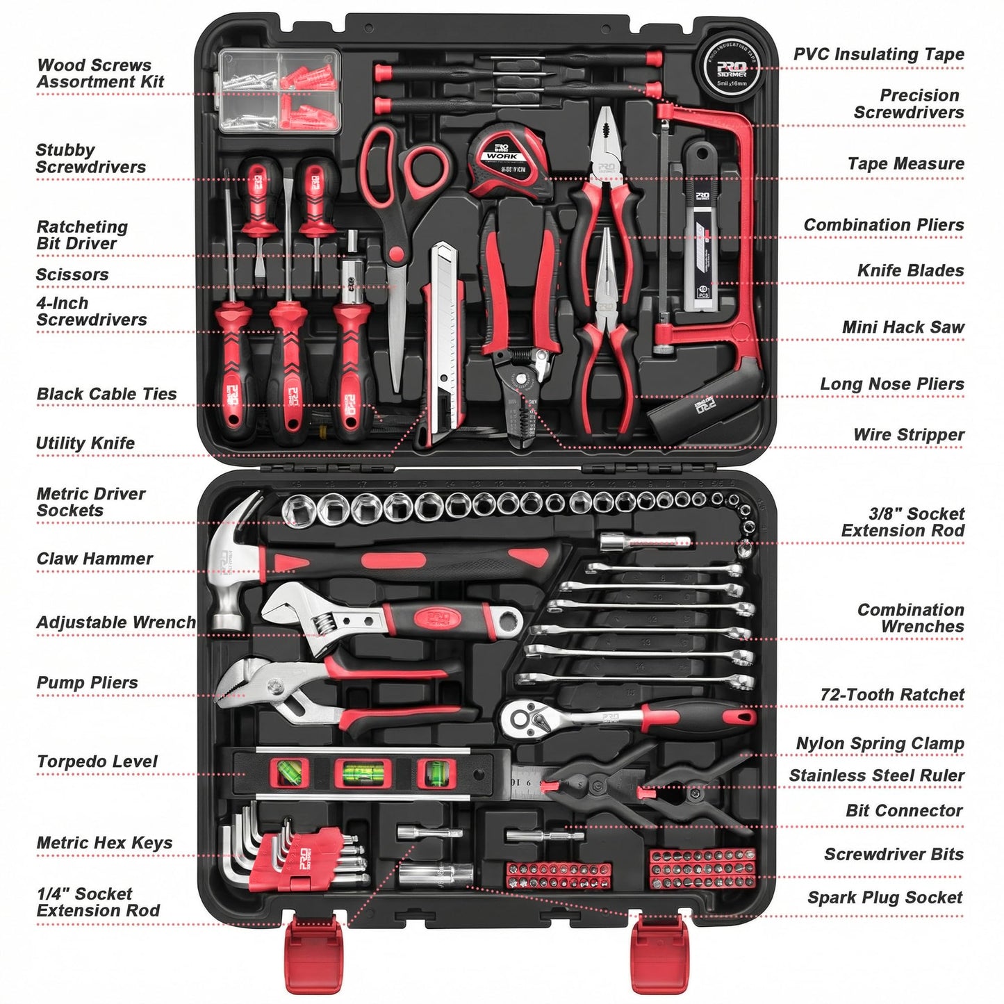 Prostormer 259-Piece Tool Kit, General Household Hand Tool Set with Plastic Storage Toolbox, Portable Complete Repair Tool Box for Home and Car (Red)