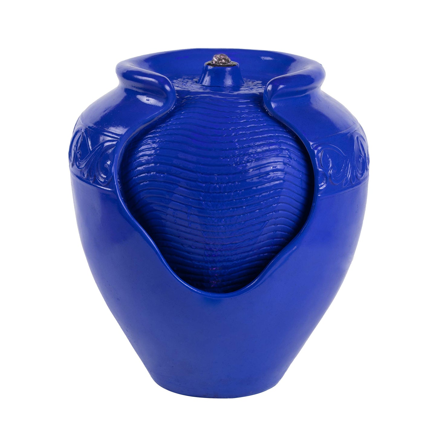 Jar Water Fountain – Indoor or Outdoor Ceramic-Look Glazed Pot Resin Water Feature with Electric Pump and LED Lights by Pure Garden (Cobalt Blue)