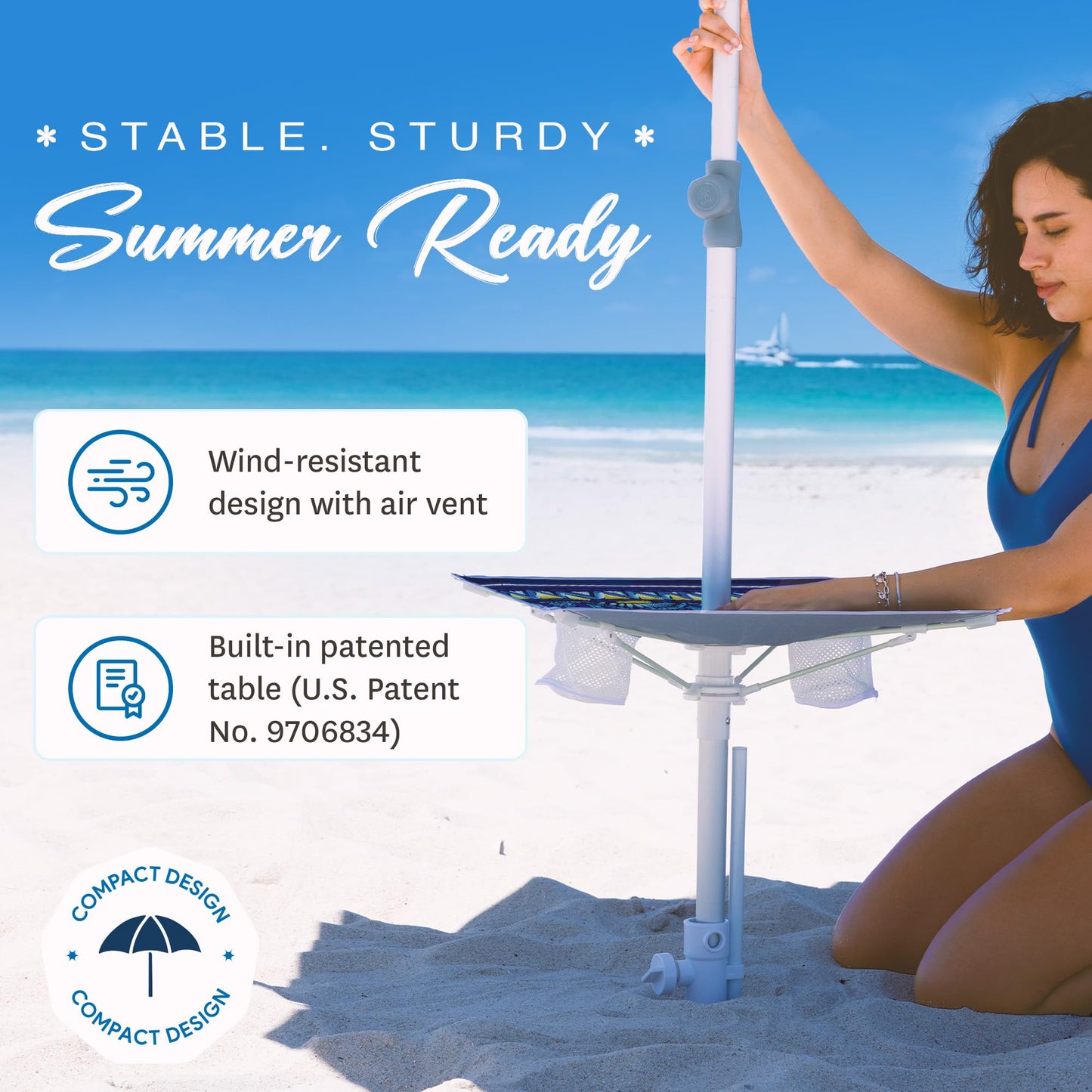 AMMSUN 7ft Heavy Duty High Wind Beach Umbrella with sand anchor, Built-in Table Tray & Tilt Pole, UPF 50+ Windproof Portable Outdoor Umbrellas Carry Bag for Patio Garden Pool Backyard stripe (Haute