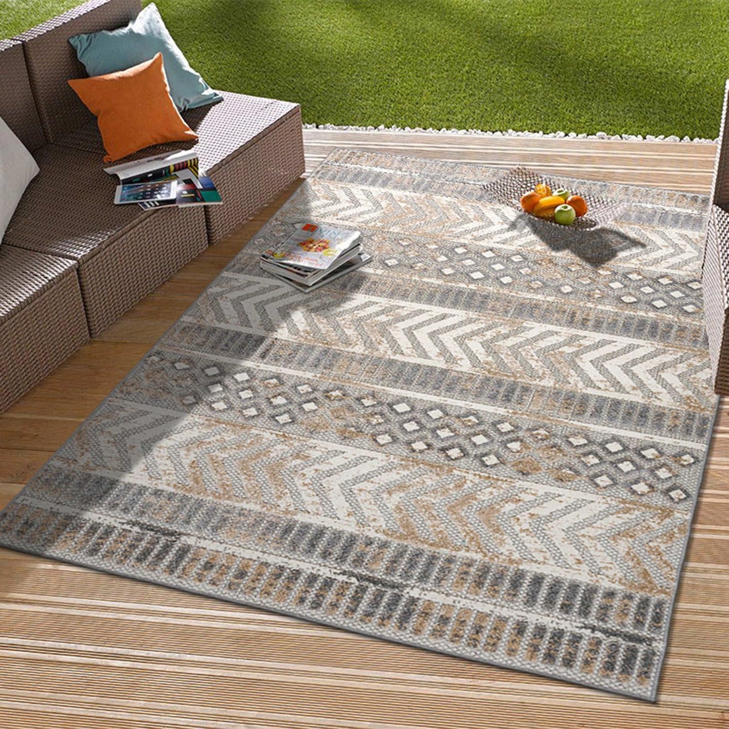 Rugshop Distressed Geometric Indoor/Outdoor Beige Area Rug Modern Tribal Stripe, Durable Stain Resistant Perfect for Patio, Backyard, Deck and Outdoor Lounge 10' x 14'