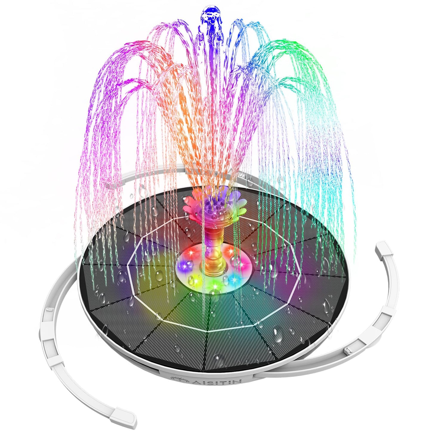 AISITIN 6.5W Solar Fountain for Bird Bath with 3000mAh Battery & Color Changing LED Light, 3 Anti-Drift Fixed Bracket & 8 Nozzles, Solar Water Fountain for Bird Bath, Garden, Pond, Patio, Courtyard