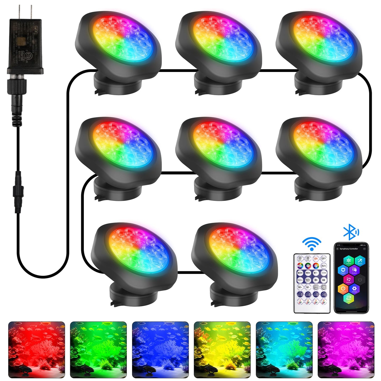T-SUN Pond Lights LED Underwater – IP68 Waterproof Smart App & Remote Submersible Fountain Lights with 16 Million Colors Dimmable Timer for Outdoor Koi Pond Garden Waterfall Aquarium(Set of 8)