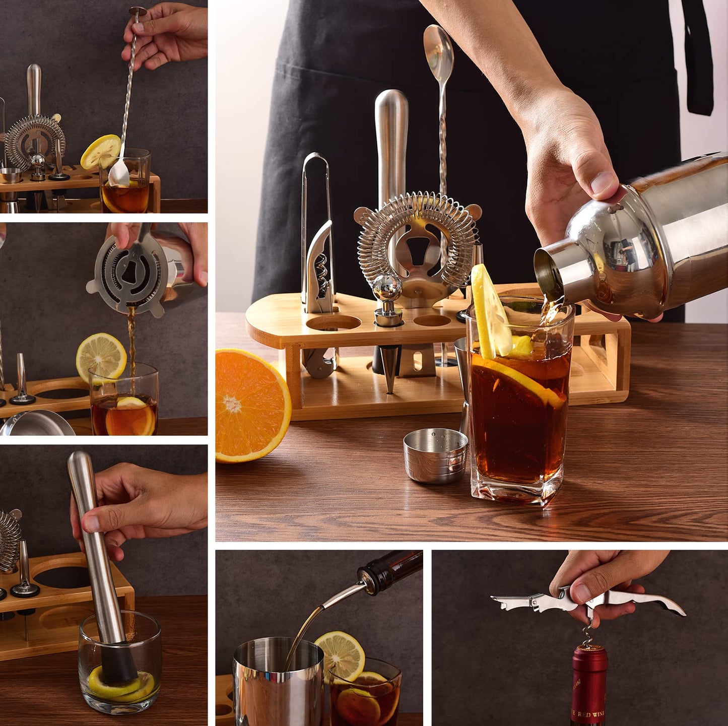 Cocktail Shaker Set Bartender Kit : 12-Piece Bar Tool Set with Bamboo Stand | Bars Set with All Practical Bar Accessories, for Drink Mixing, Bar, Home, Lounge & Party (Silver)