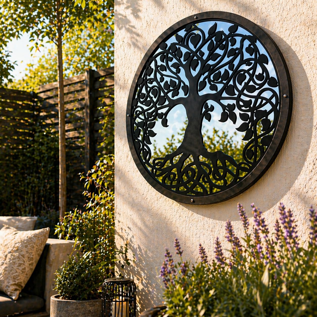 Sun Catcher Garden Decor Tree of Life Garden Mirror Range of Sizes Round Framed Mirror Outside Rust Resistant Acrylic Fixings Included Gift (42cm / 16.5 inch)