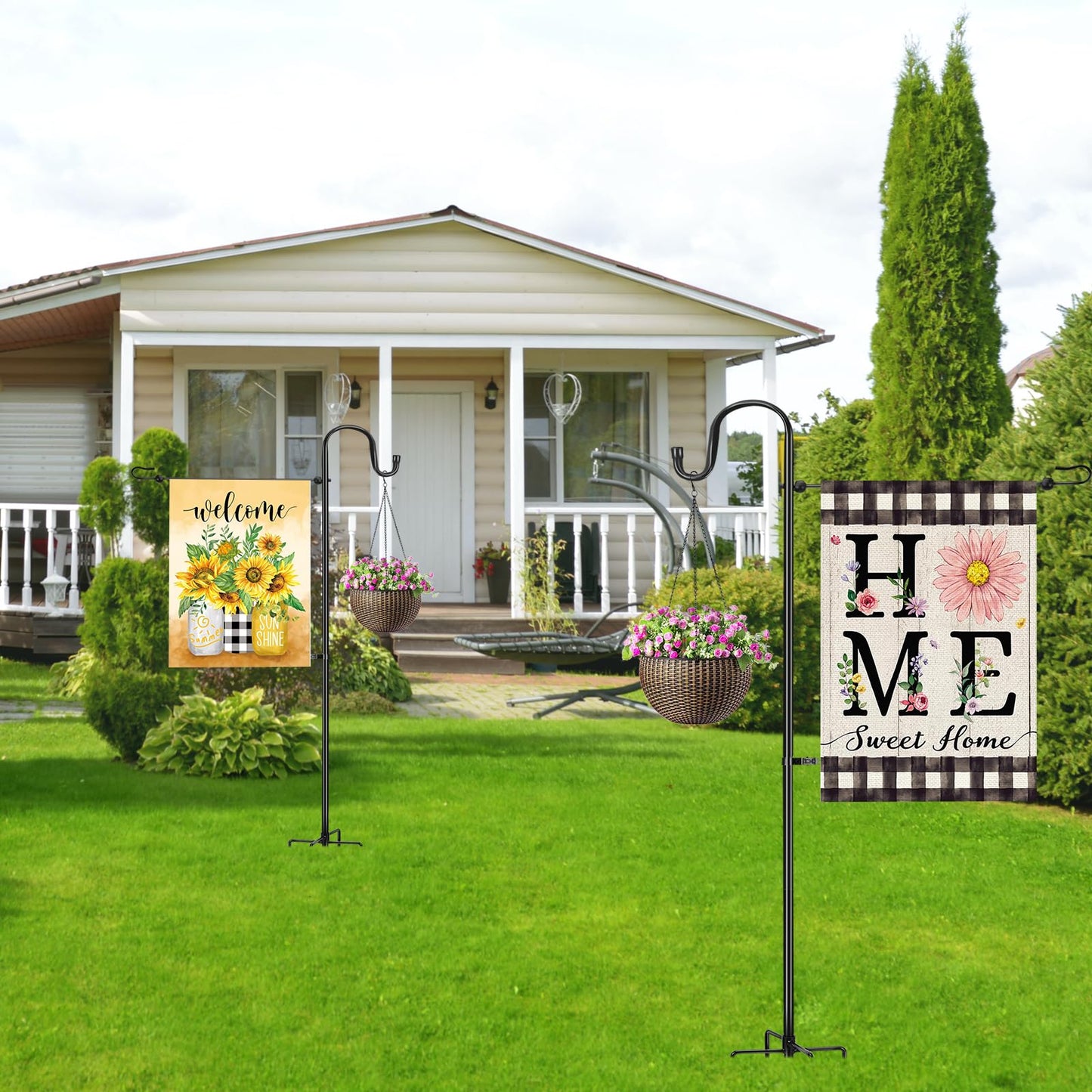 Garden Flag Stand for Outdoor,Heavy Duty Garden Flag Holder for 12x18 Flags, 46 Inches Gaden Flag Pole with Shepherd Hooks for Patio and Yard Decorations