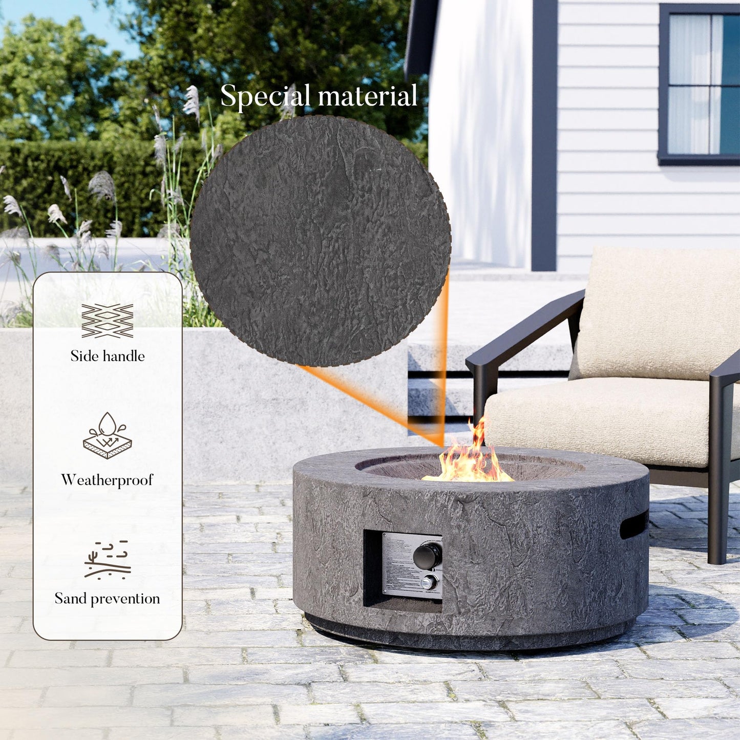 Cosiest Propane Fire Pit for Outside, 28 in Round Gas Fire Pits for Outdoor Patio, Certified, 50000 BTU Concrete Rectangle Base with Rain Cover, Free Lava Rocks