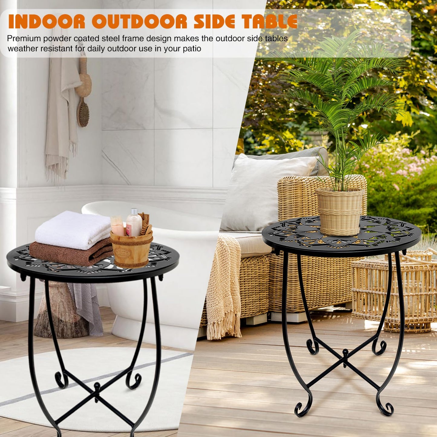 Fashion&cool 2 Pack Outdoor Side Tables, 14" Round Patio Side Table, Weather Resistant Metal Outdoor End Table Side Table for Patio Yard Porch Balcony Garden Bedside, Plant Stand for Indoor Outdoor