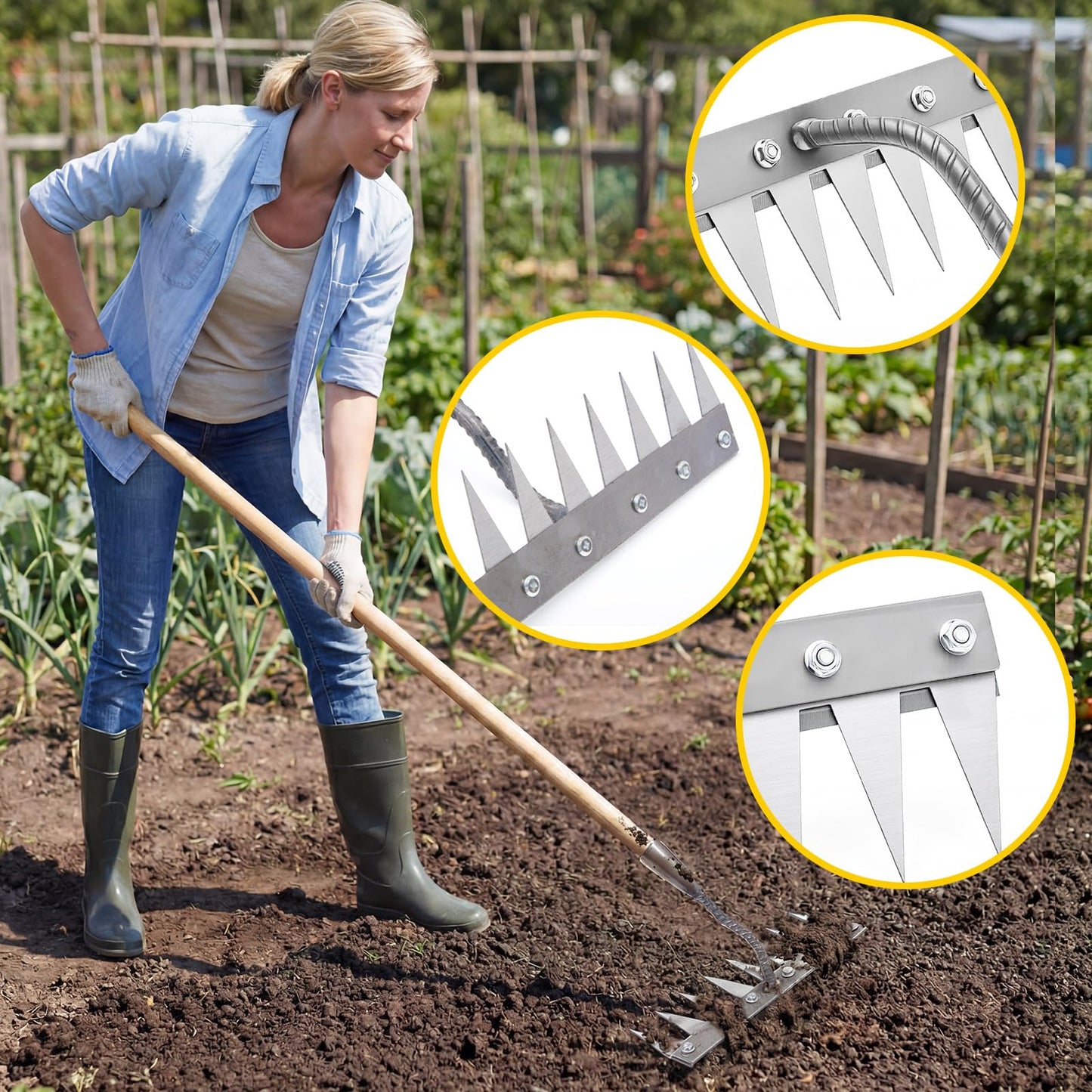 Oh Klyzo 8 Teeth Garden Weeding Rake Set, Heavy Duty Carbon Steel Garden Weed Puller Tool with Gloves for Weed Loosening Soil Leveling Thatch Rake, Sharp Blade, Quick Weeding, Without Handle