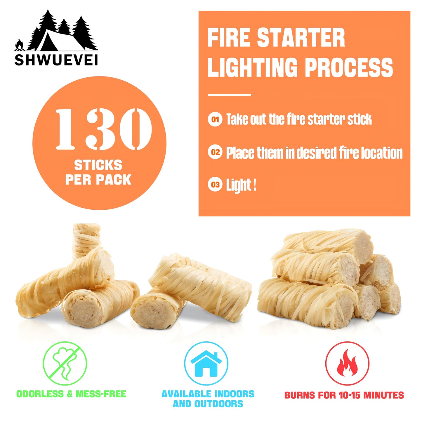 Shwuevei 130 pcs Fire Starter - Natural Fire Starters for Fireplace, Pellet Stove & Wood, Fire Pit, Smoker, BBQ, Chimney, Pizza Oven - Fire Starters for Grill, Charcoal Starter