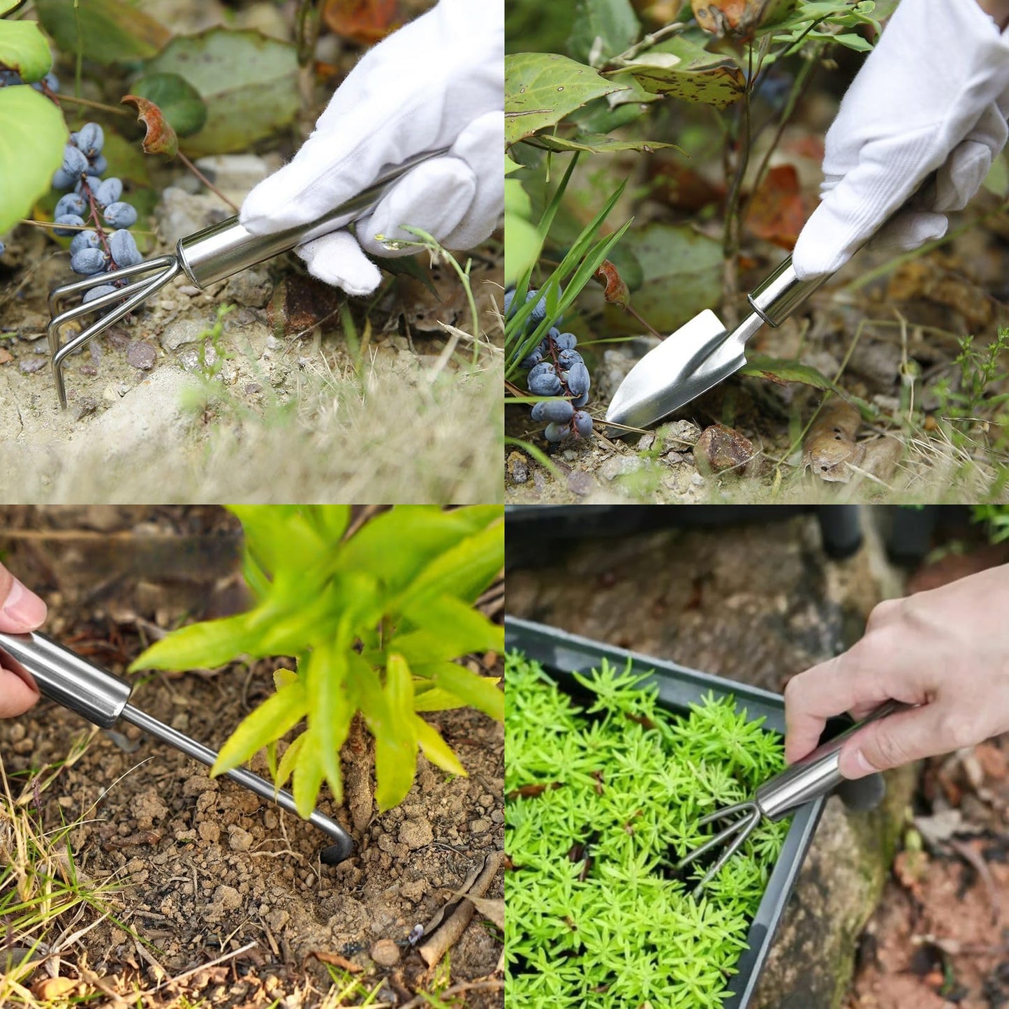 3-Piece Stainless Steel Garden Tools Set with Gloves- Shovel, Rake, Weeder for Indoor Outdoor Use, Ergonomic Handles for Succulents, Potted Plants & Seedlings