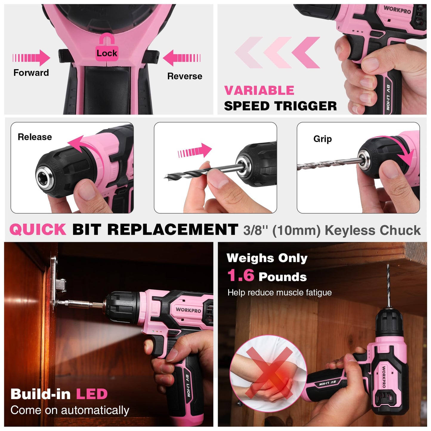 WORKPRO Pink Power Drill Set and Stackable Tool Box, 8V Cordless Drill Driver with Bit Set, 2.0Ah Electric Cordless Screwdriver Kit with 3/8" Keyless Chuck, For Home DIY- Pink Ribbon