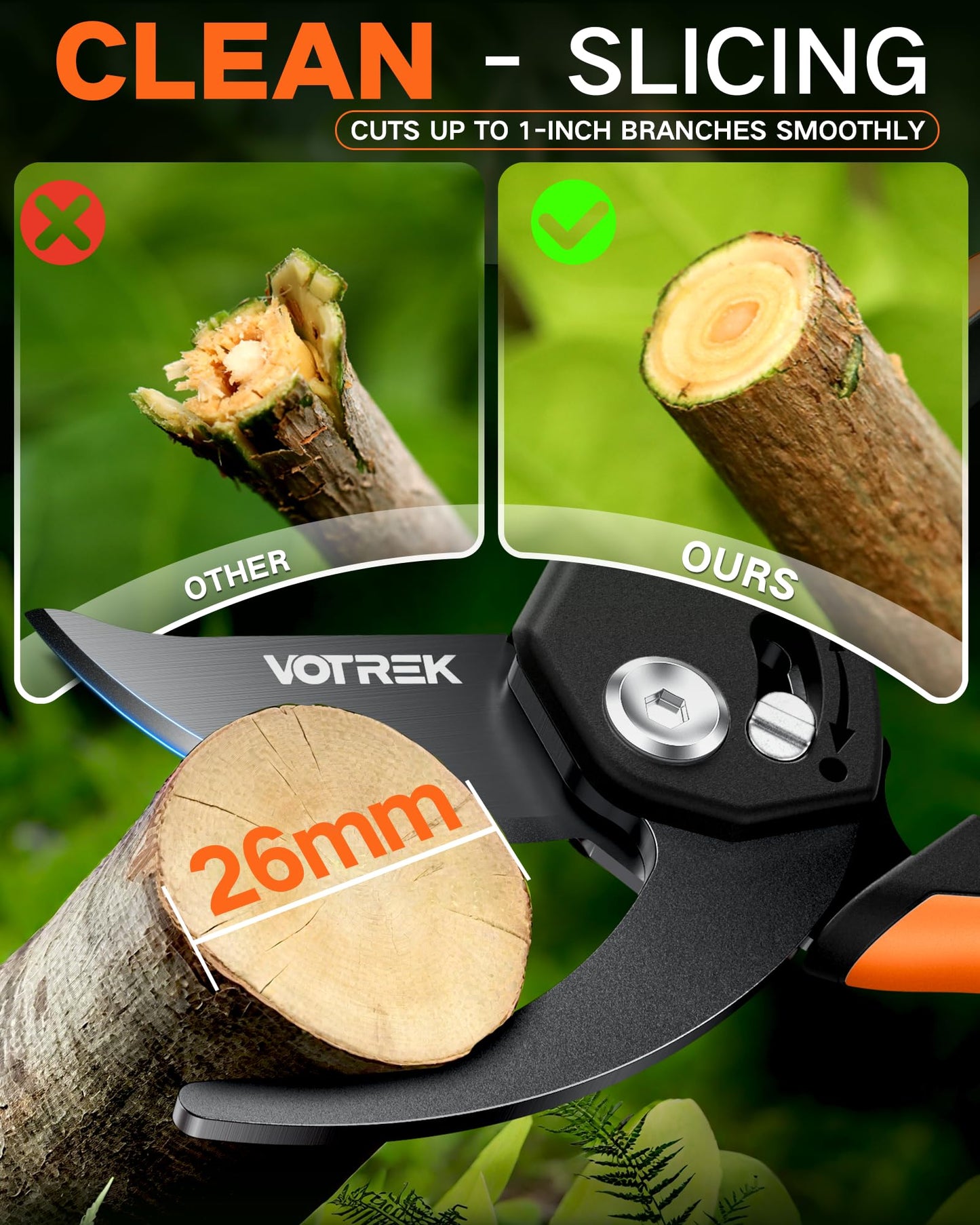 VOTREK 8.5" Pruning Shears for Gardening, 【Unique Stepless Handle Opening】Professional Bypass Garden Clipper, Heavy Duty Plant Pruners for Branch 【SK5 Steel Blades】【All Hand Sizes】,Bright Orange