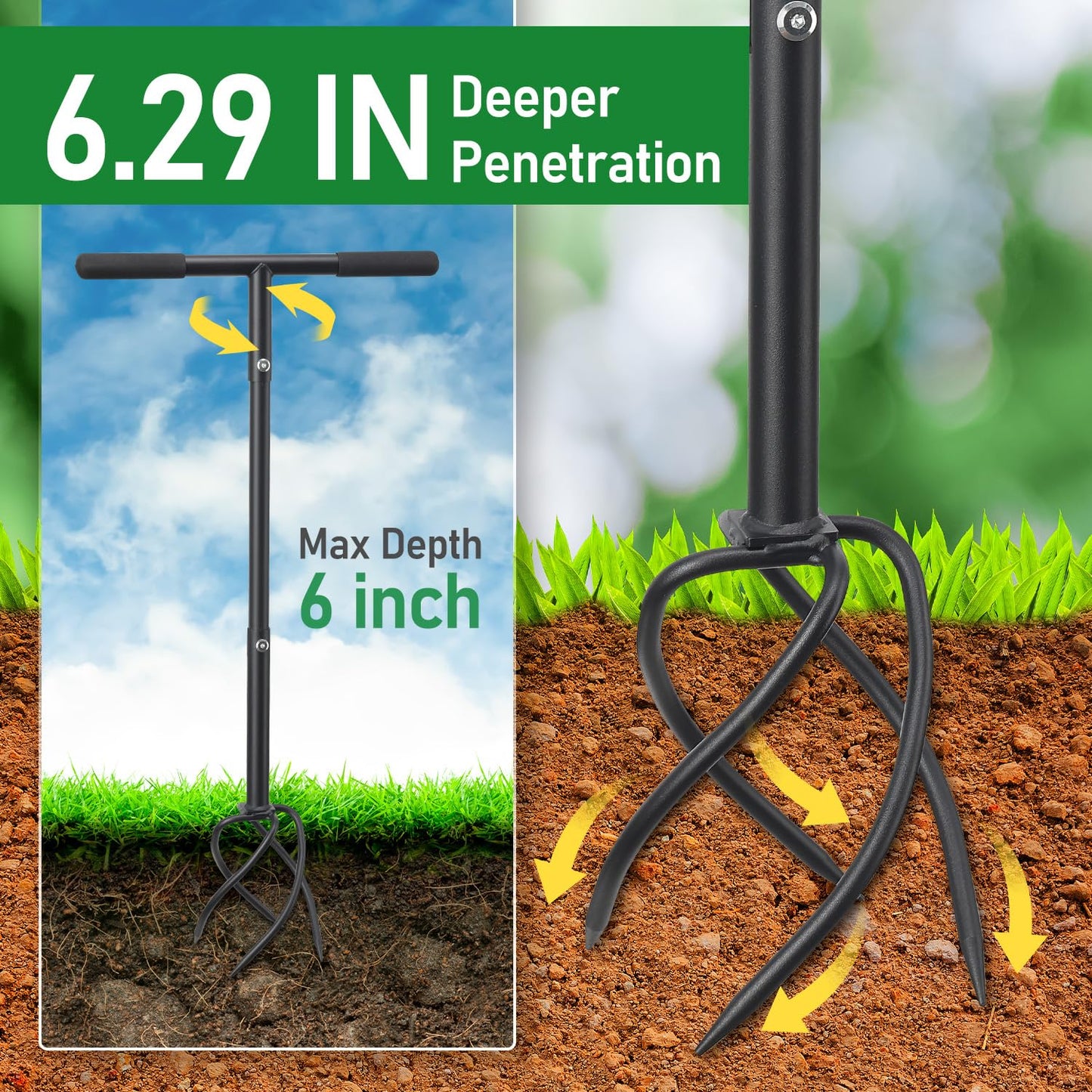 BeBecome Hand Tiller for Gardening, Manual Garden Claw Cultivator with 4 Sharp Curved Steel Tines, Twist Tiller Soil Loosener, Rotary Handheld Tiller for Yard Lawn Weeding
