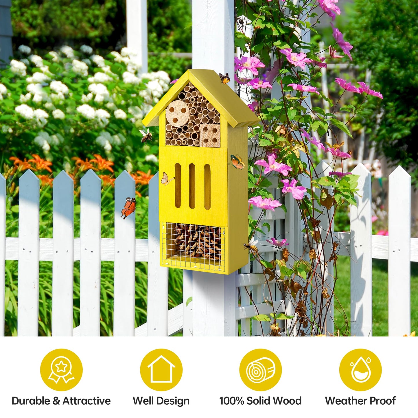 Bee House Bug Hotel & Butterfly House, Handcrafted Wooden Ladybug House, Natural Insect Habitat for Garden, Patio, or Yard, Durable Pine Wood, Attracts Pollinators, 10.4 x 5.5 x 3.2 Inches