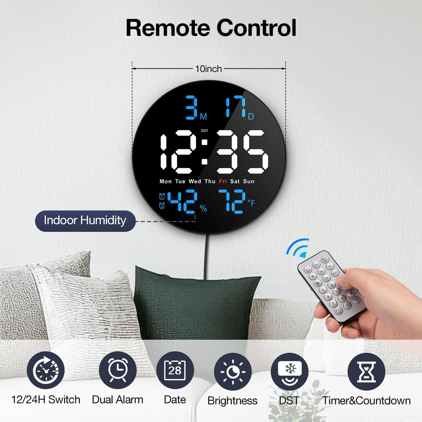 Brauthon Large Digital Wall Clock for Classroom, 10 Inch Large Display LED Electric Round Clocks for Teachers, Kids Office with Date, Temperature, Timer, Remote Control (Blue)