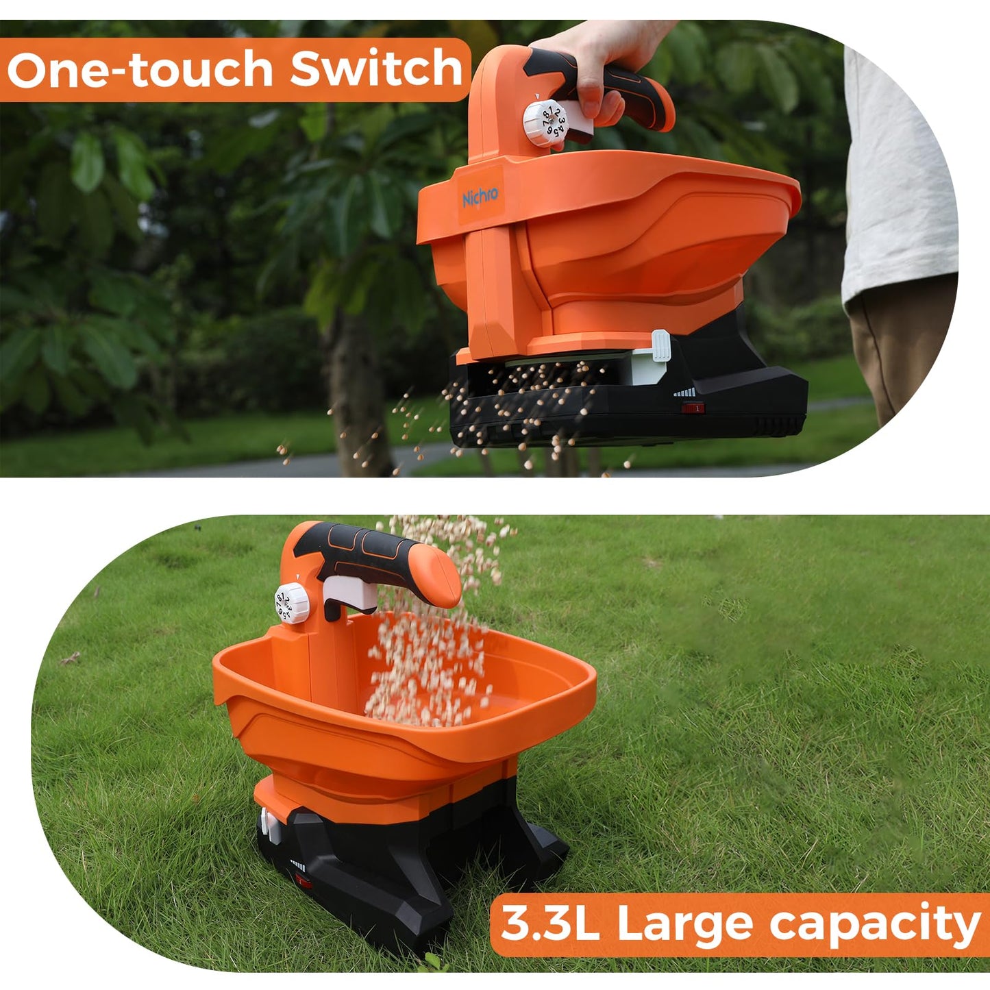 Electric Seed & Fertilizer Spreader, Type-C Rechargeable Handheld Lawn & Salt Spreader, 6 Speeds & 8 Flow Settings, 3.3L Capacity, 16.5 ft Wide Spread for Grass Seed & Ice Melt (Battery Included)