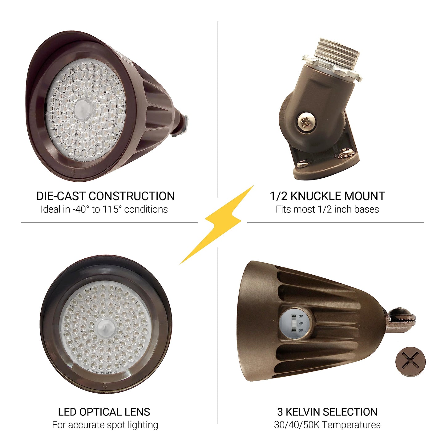 NUWATT 25W LED Bullet Spot Light for Outdoor Landscapes, 3500 LM Bright Illumination for Yard, 3000K/4000K/5000K Selectable, 1/2" Knuckle Mount, 120-277V Waterproof Flag Pole Light (12-Pack)