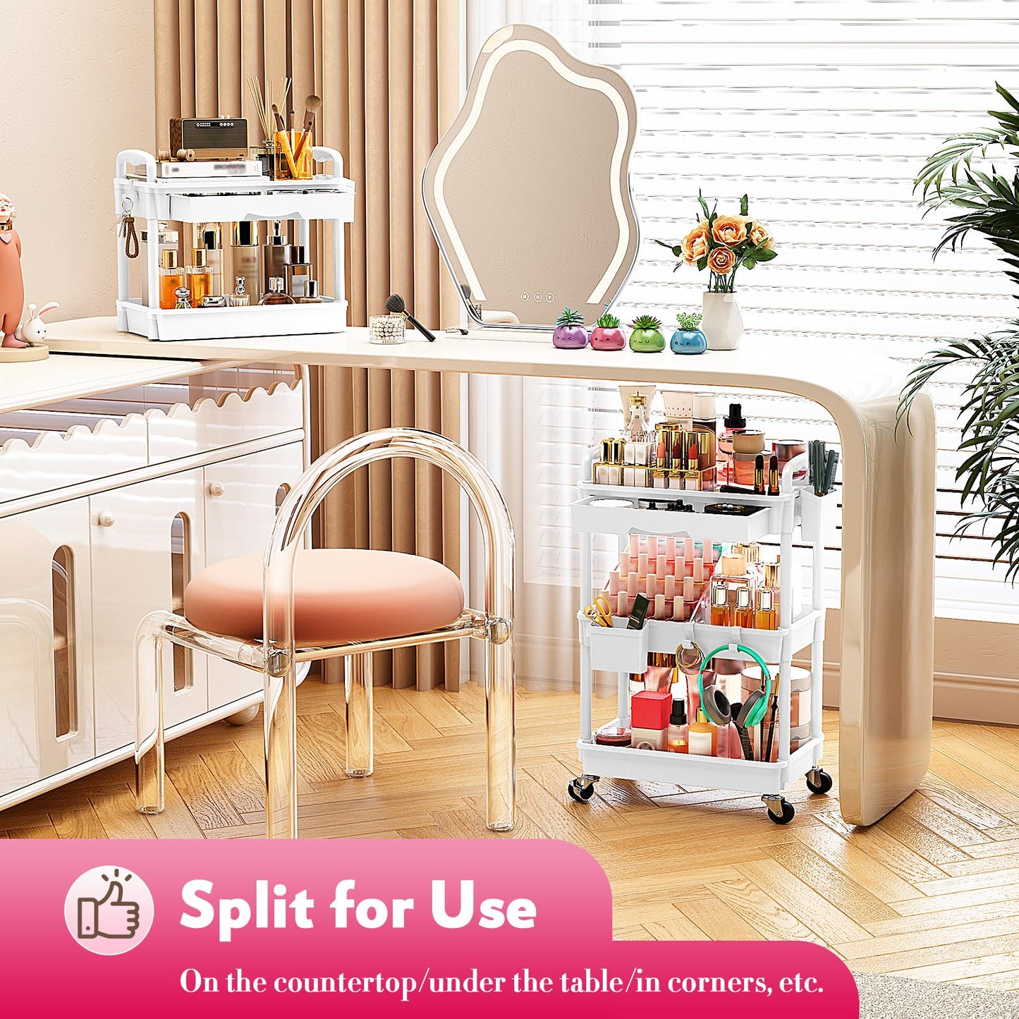 SUNALLY Makeup Cart Organizer with Drawers, Floor Skincare Organizers Vanity Storage Organizer, Rolling Makeup Bathroom Storage Cart Cosmetics Display Cases for Skin Care Perfume Nail Polish, White