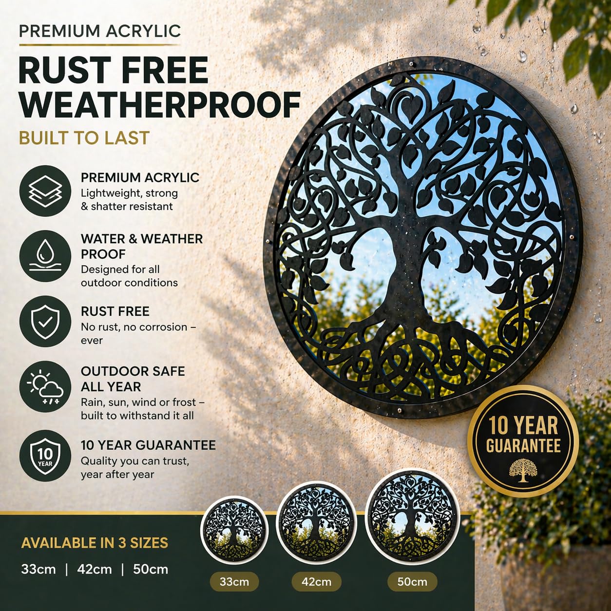 Sun Catcher Garden Decor Tree of Life Garden Mirror Range of Sizes Round Framed Mirror Outside Rust Resistant Acrylic Fixings Included Gift (42cm / 16.5 inch)