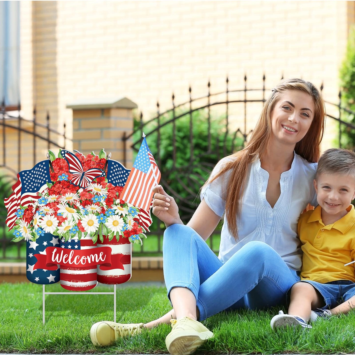 2 Psc 4th of July Yard Sign Patriotic Decorations Outdoor 250th Anniversary Memorial Day Welcome Sign with Stakes Weatherproof Independence Day Truck Flower Home Yard Decor for Garden Lawn