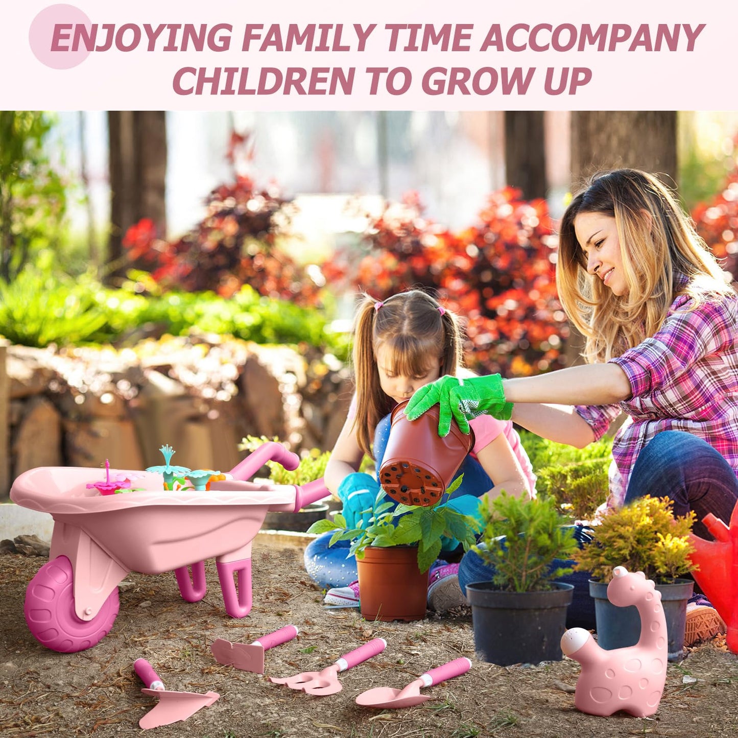Qtioucp 16Pcs Kids Gardening Tools Outdoor Toys Set Backyard Play with 93 PCS DIY Flower Garden Building Preschool Activities (Pink)