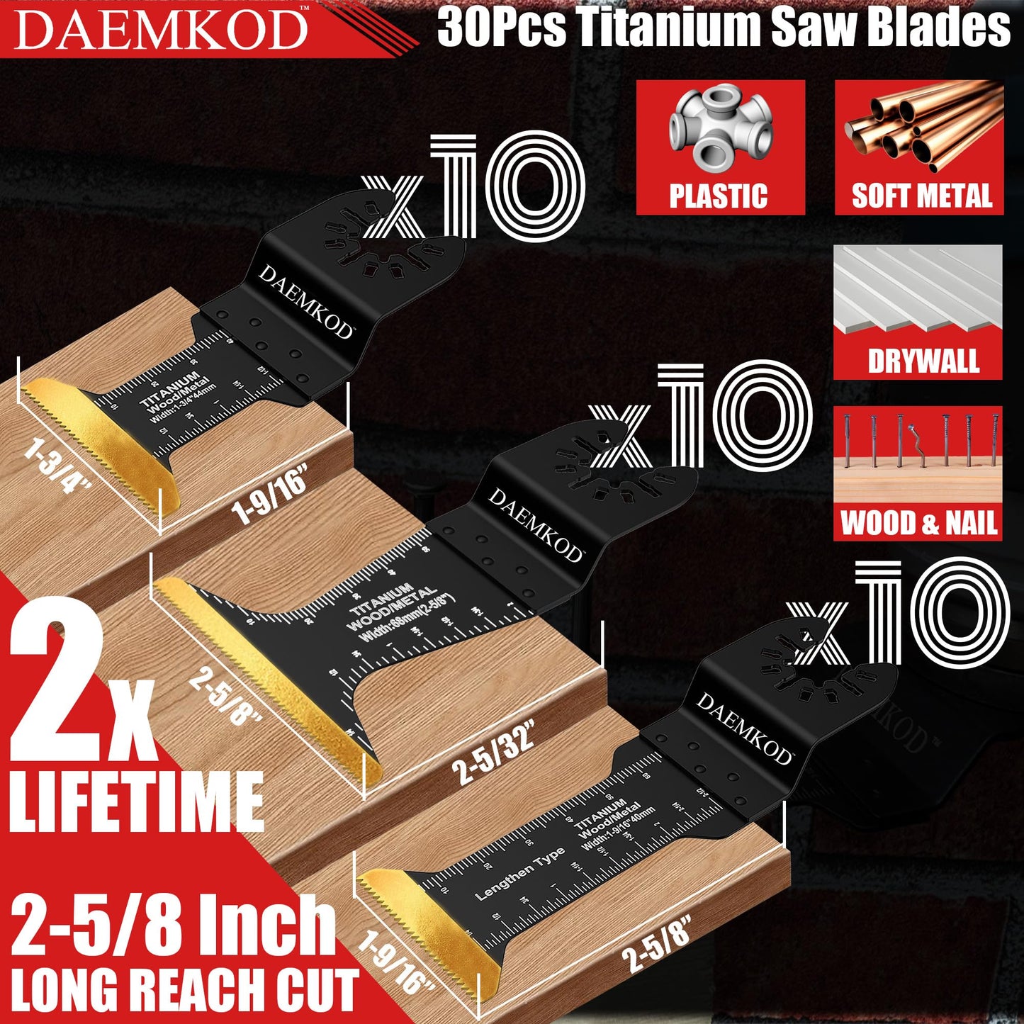 DAEMKOD 30 Pack Titanium Oscillating Tool Blades Metal Cutting, Professional Saw Blades for Soft Metal Nails Hard Material and Wood Plastic, Multi Tool Blades Kits Fit Dewalt Bosch Ryobi Milwaukee