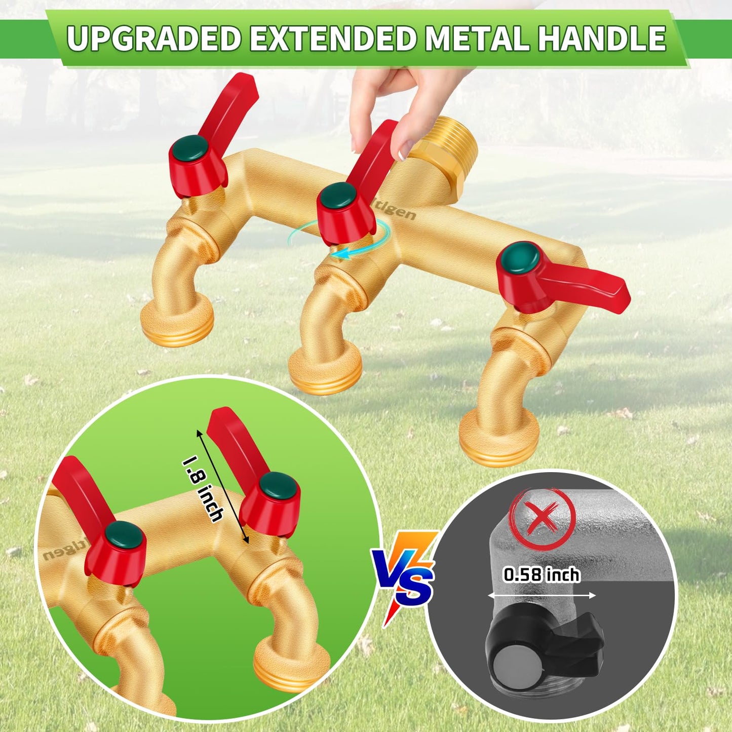 Boltigen 3 Way Water Hose Valve Splitter, Brass High Flow Garden Hose Faucet, 3/4 NPT Inlet to 3/4 GHT Outlet Garden Hose Manifold, Three Way Water Outdoor Splitter with Shut Off, Gold