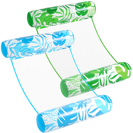 SLOOSH 2 Packs Tropical Leaves Hammock Pool Floats Adults, 4-in-1 Multi-Purpose Inflatable Pool Floats PVC Water Hammock Lounge Floaties (Blue&Green)
