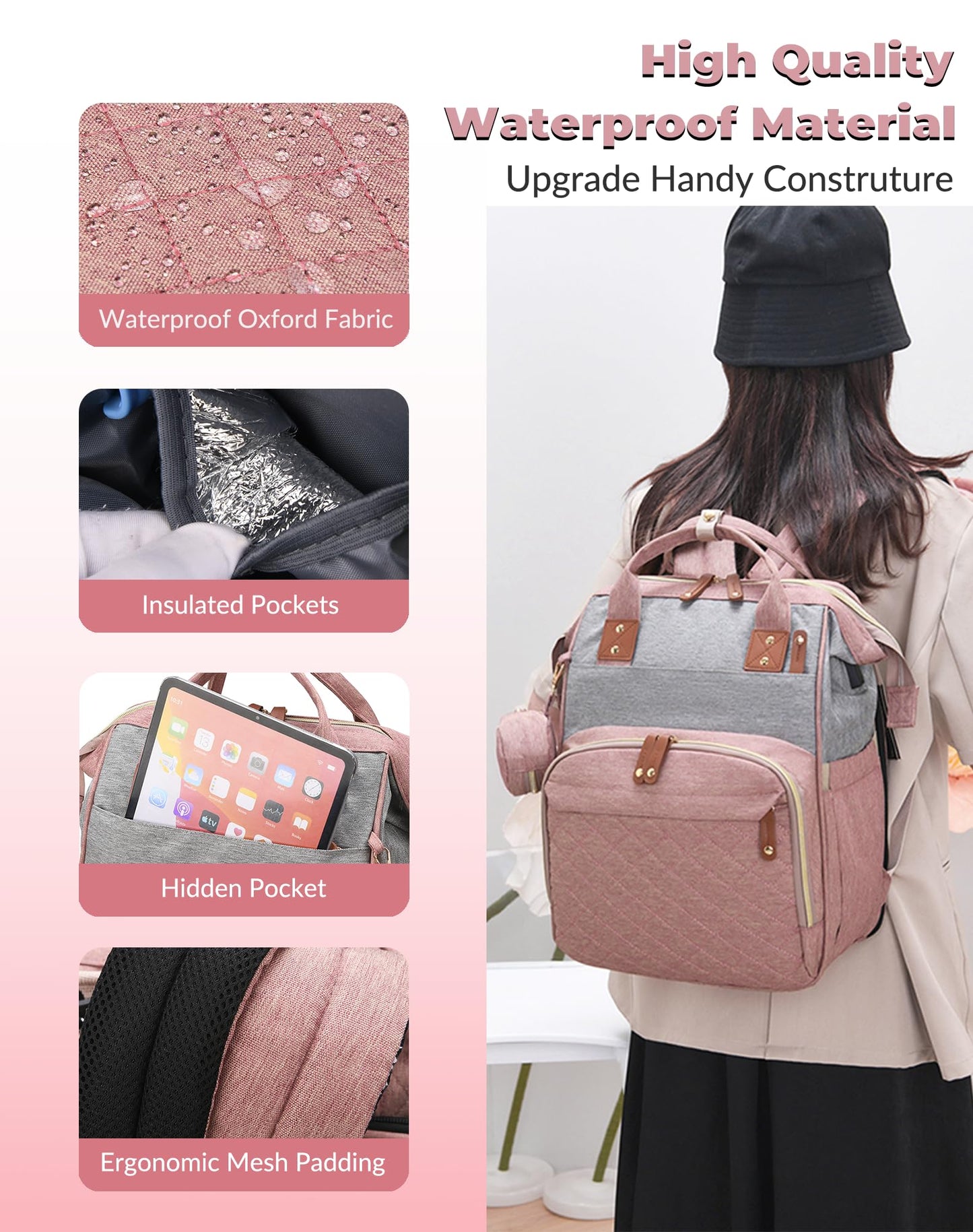 Lamroro Diaper Bag Backpack with Changing Station, Waterproof Large Capacity, Baby Bag for Mom & Dad, 18 Pockets+USB Port, Foldable Changing Pad, Travel Backpack for Newborn Essentials, Baby Gift