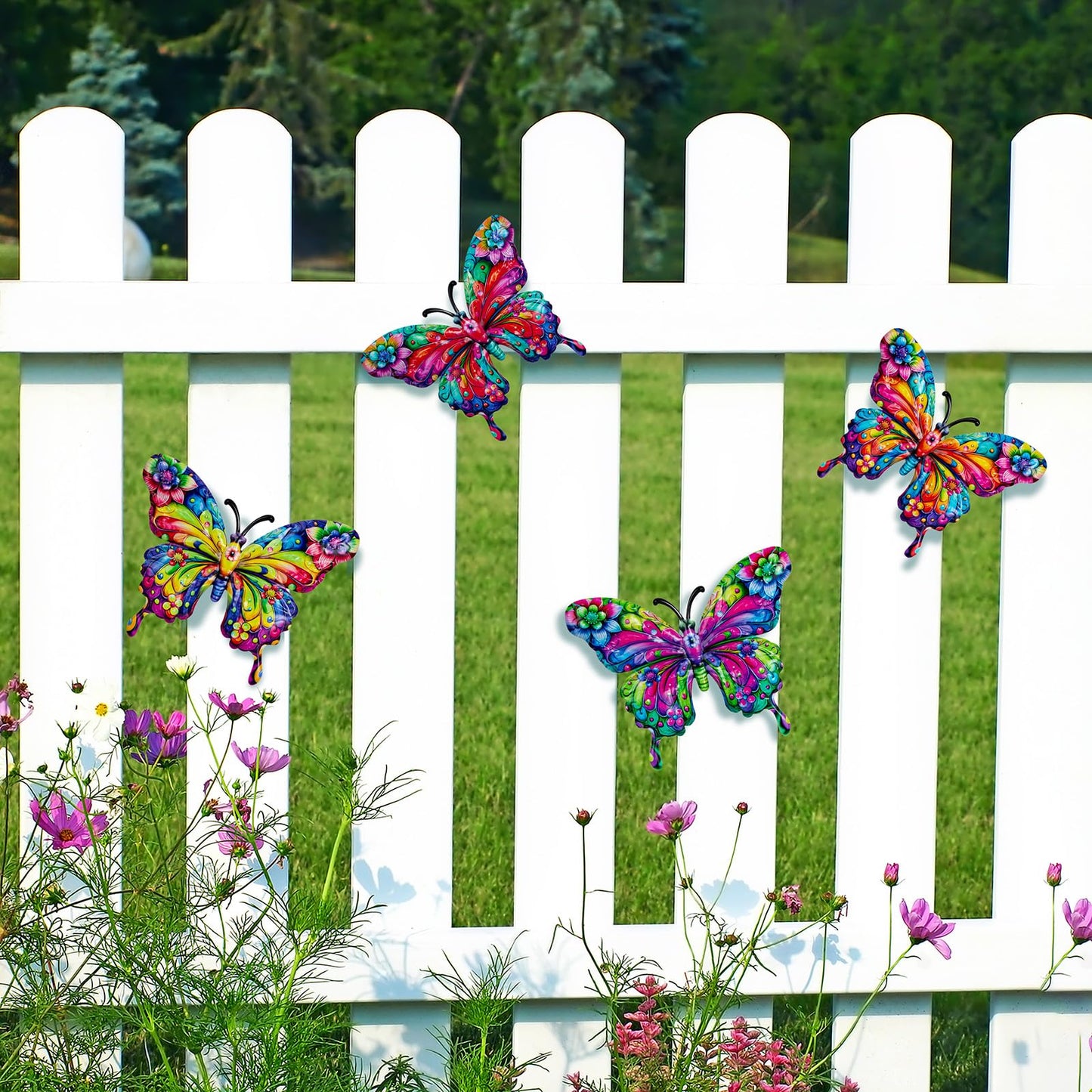 SUNREEK 4Pcs Metal Butterfly Wall Decor, 9 Inches Butterfly Outdoor Wall Art for Fence Garden Yard Room Patio Balcony Decorations