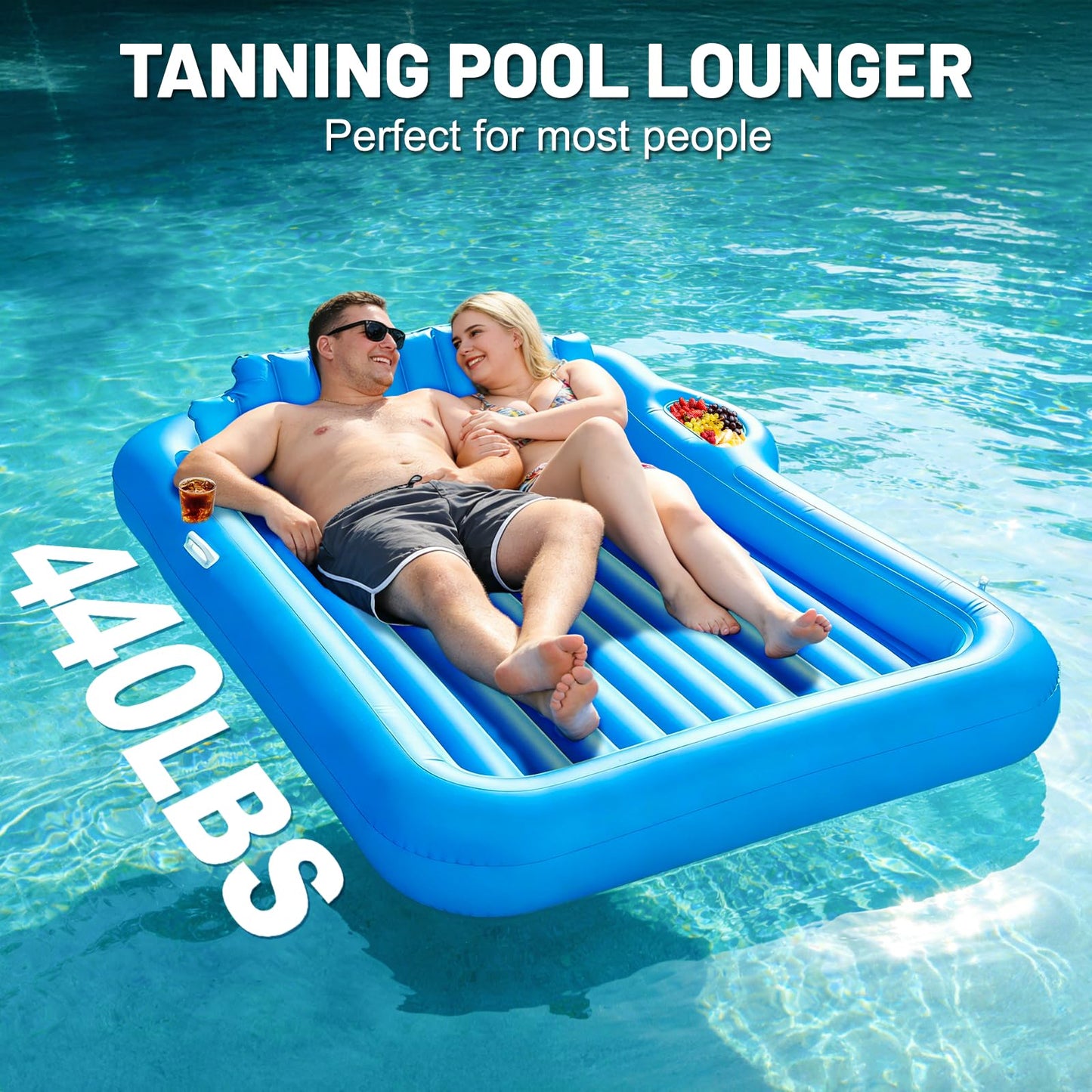 83"x63" Extra Large Inflatable Tanning Lounger Float with Sprinkler,2-Person Pool Float Adults with Backrest,Cup & Food Holder Blow Up Tanning Bed for Summer Beach Pool Party(Extra Large-Blue)