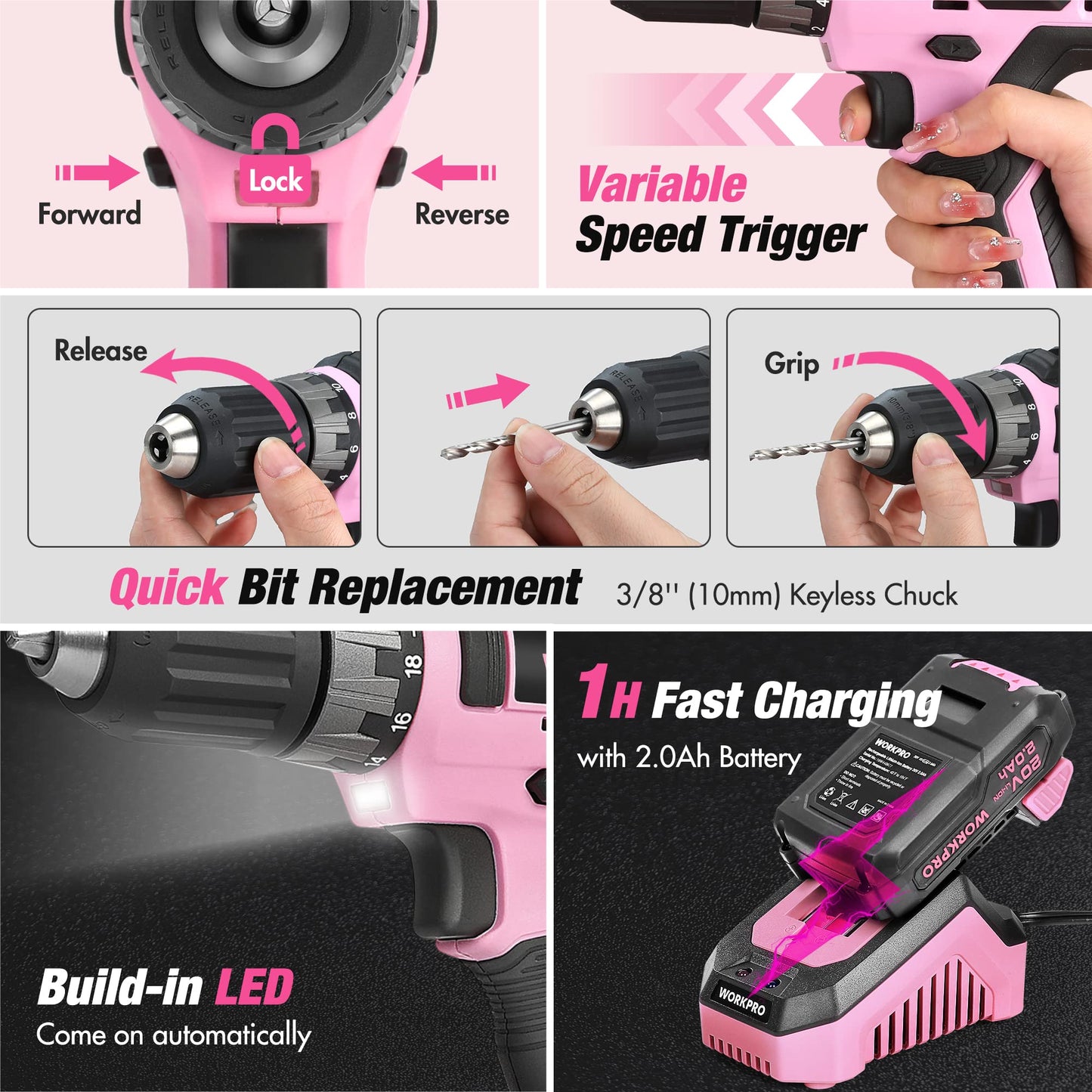 WORKPRO Pink Tool Kit with Drill, Tool Set with 20V Cordless Lithium-ion Drill Driver, Pink Drill Set for Women, 157PCS Home Tool Kit, Lady's Repairing Kit with 14-Inch Storage Bag - Pink Ribbon