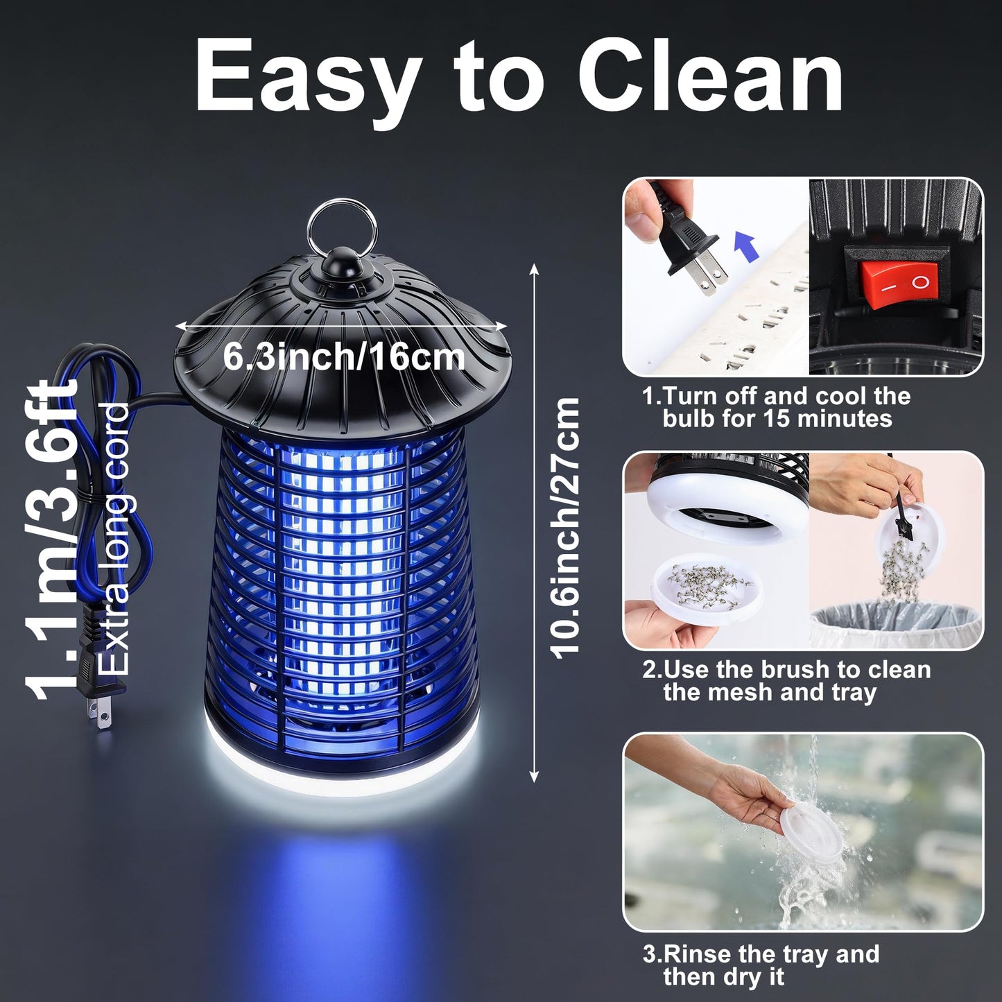Bug Zapper Outdoor/Indoor,Mosquito Zapper 4200V High Powered Waterproof Electronic Mosquito Killer,15W UVA Mosquito Lamp Bulb,Fly Traps Patio Insects Killer (Black and White) (Dark Black)