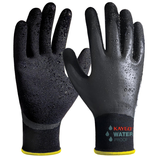 KAYGO Waterproof Work Gloves for Men and Women, Rubber Coated Non-slip Working Gloves for Garden, Outdoor Construction,KG150,Black,L