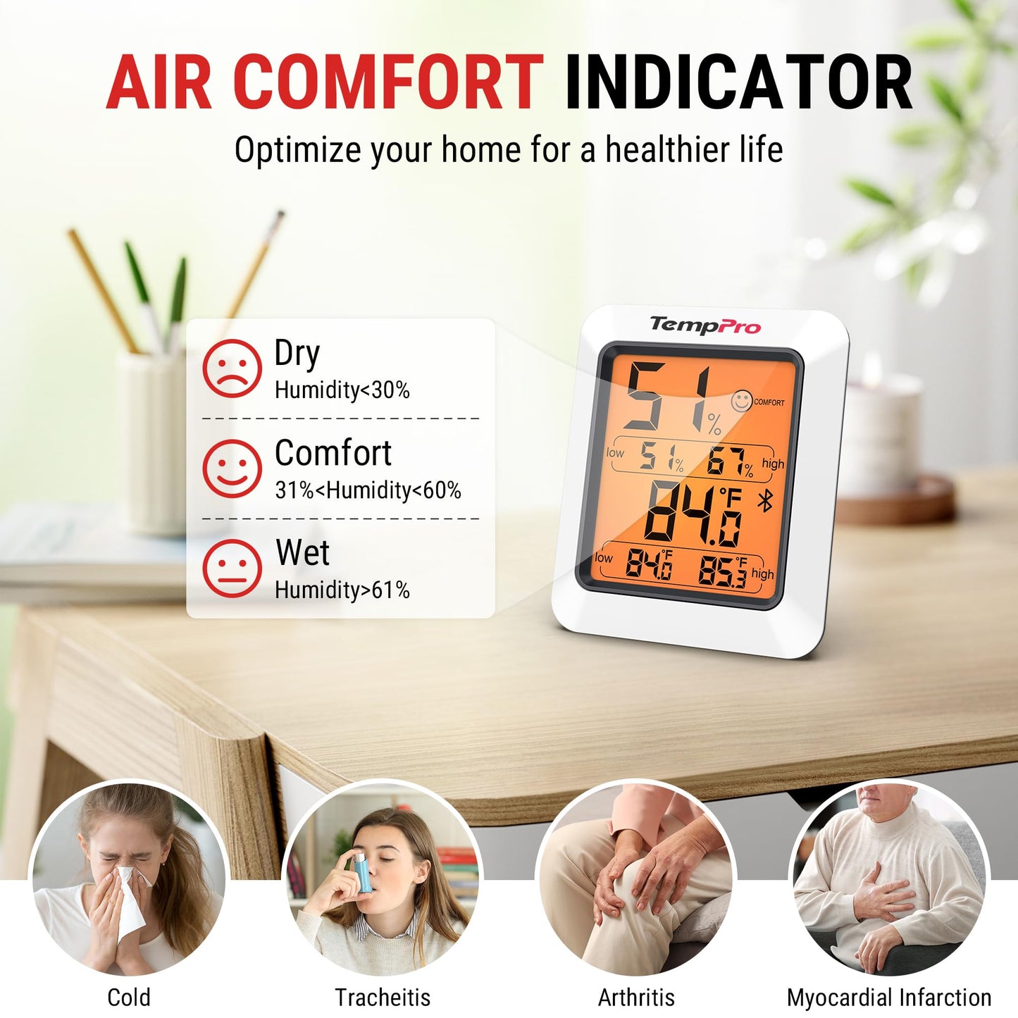 TempPro Hygrometer Thermometer for House, Bluetooth Room Indoor Greenhouse Thermometer Monitor Up to 260FT, Backlit Humidity Meter Temperature Sensor with 2-Year Data Export(Previously ThermoPro)