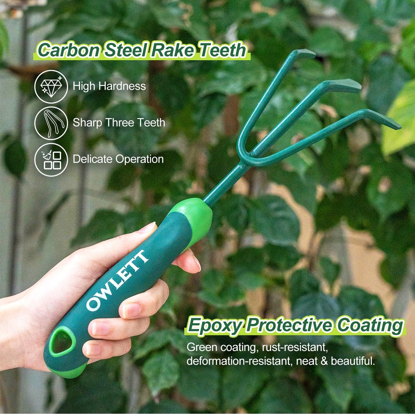 Owlett Garden Hand Rake, 3 Prong Hand Cultivator Garden Tool with Ergonomic Rubber Handle, Manual Small Hand Rake Soil Tiller for Digging, Aerating Soil, Weeding, Cultivating with Hanging Hole