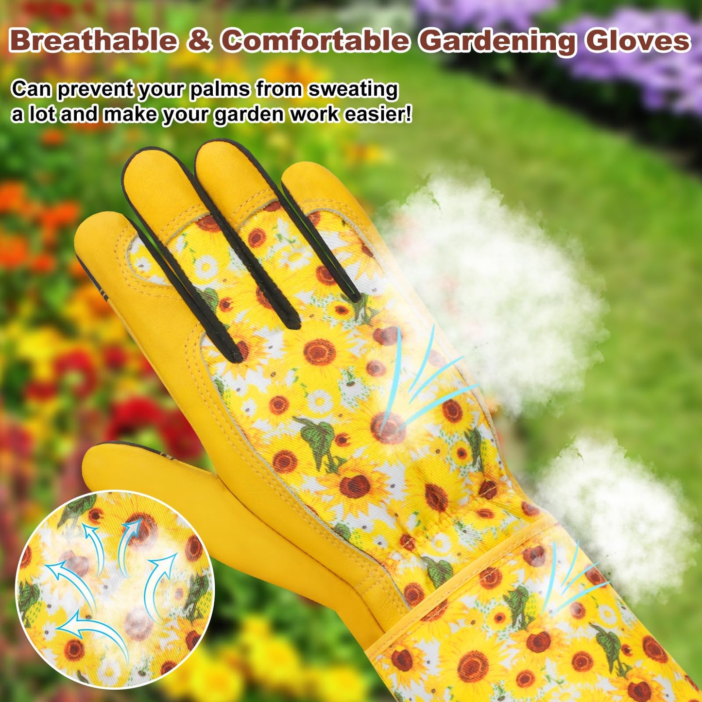 DLY Gardening Gloves for Women, Rose Gloves Gardening Thorn Proof, Long Garden Gloves for Women, Breathable Cowhide Leather Gauntlet (Medium, Yellow