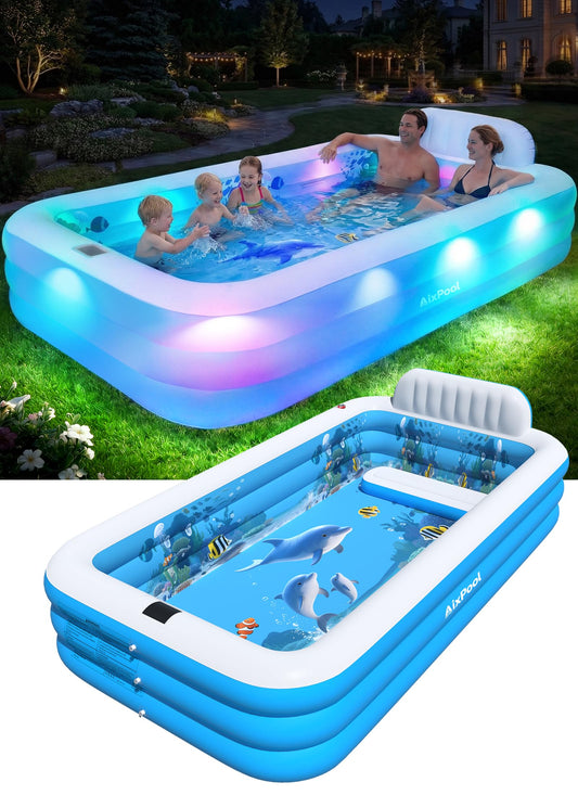 AixPool Extra Large Inflatable Pool With Lights,Upgraded Solar Powered Blow Up Pool For Adults,Inflatable Kids Swimming Pool with Seat& Backrest,Big Inflatable Kids Pool For Backyard,120x73x20IN-White