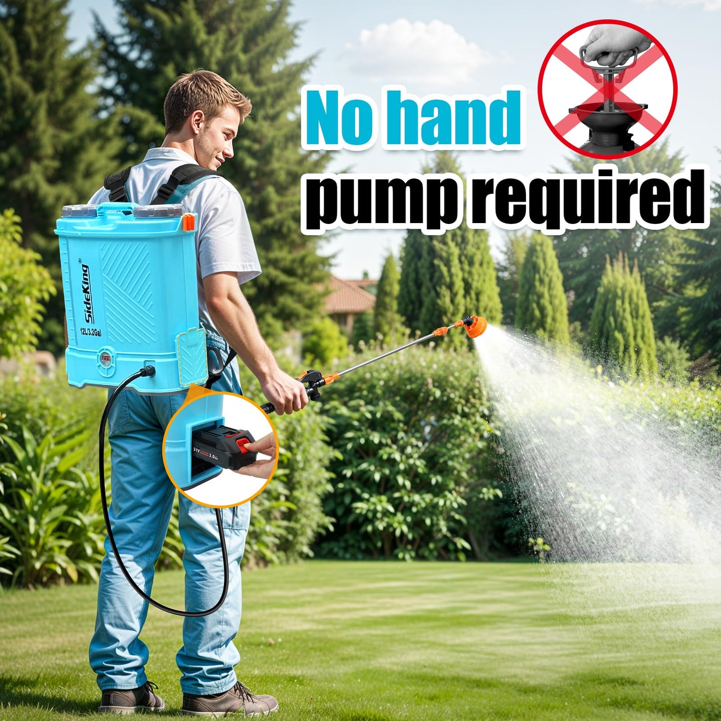 SideKing Battery Powered Backpack Sprayer 3.2 Gallon, 0-80 PSI Adjustable Pressure Sprayer Compatible with Makita 18V Battery, Electric Sprayer with Wand, 5 Nozzles, 2.0Ah Battery&Charger Included