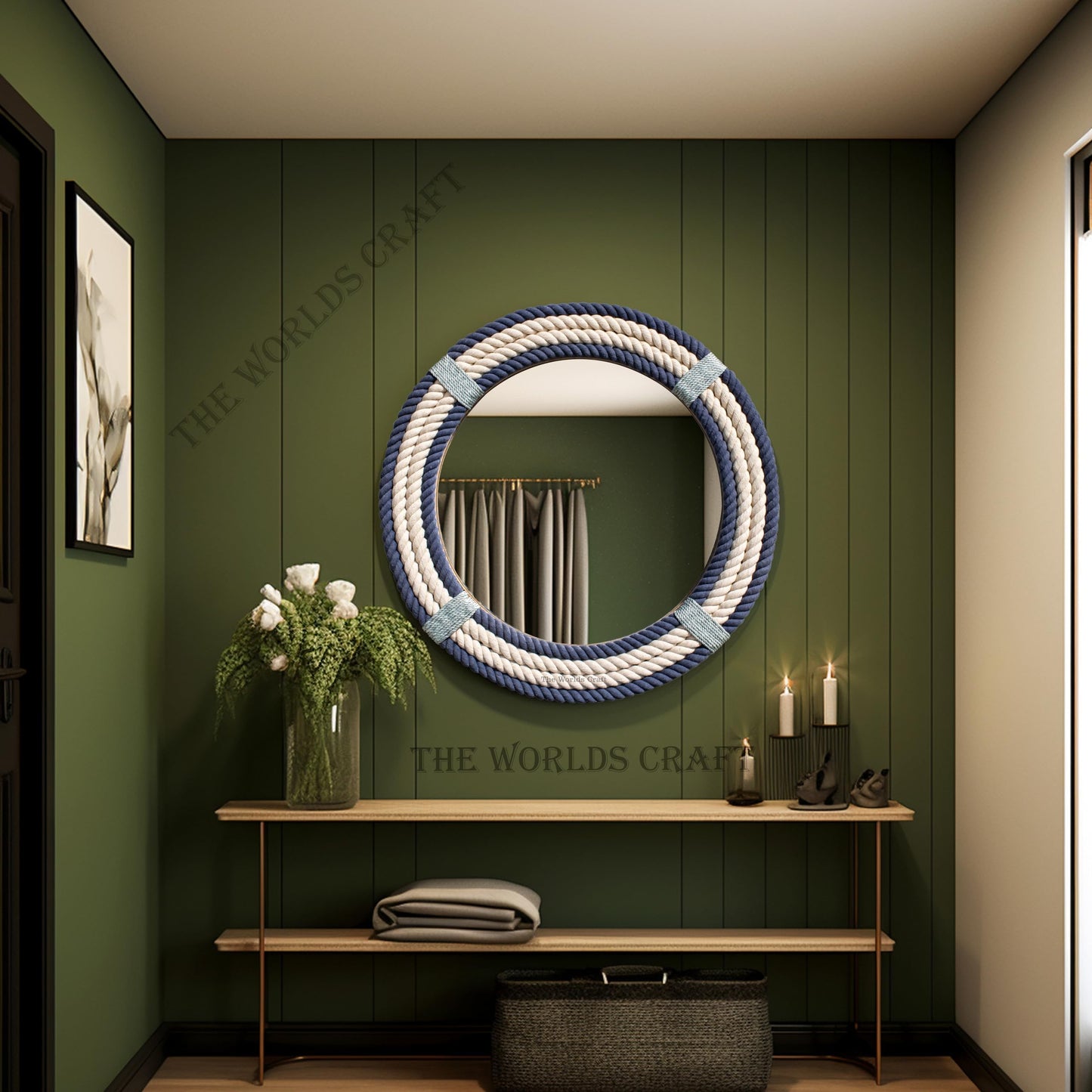 The Worlds Craft Nautical Round Rope Mirror - White Twisted Rope Wall Hanging Mirror, Rustic Boho & Coastal Farmhouse Décor for Bathroom, Bedroom, Nursery, or Entryway