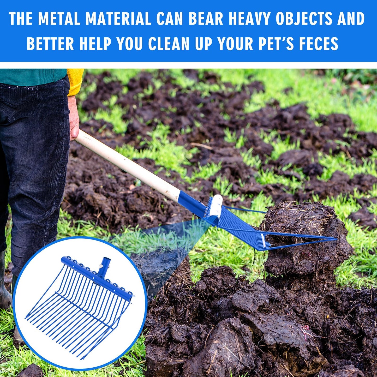 Tandefio 1 Pack Manure Fork Replacement Head Metal Pitchfork Horse Manure Rake Garden Pitch Fork Replacement Head with Angled Tines for Horse Stall Poop Picking up(Blue)