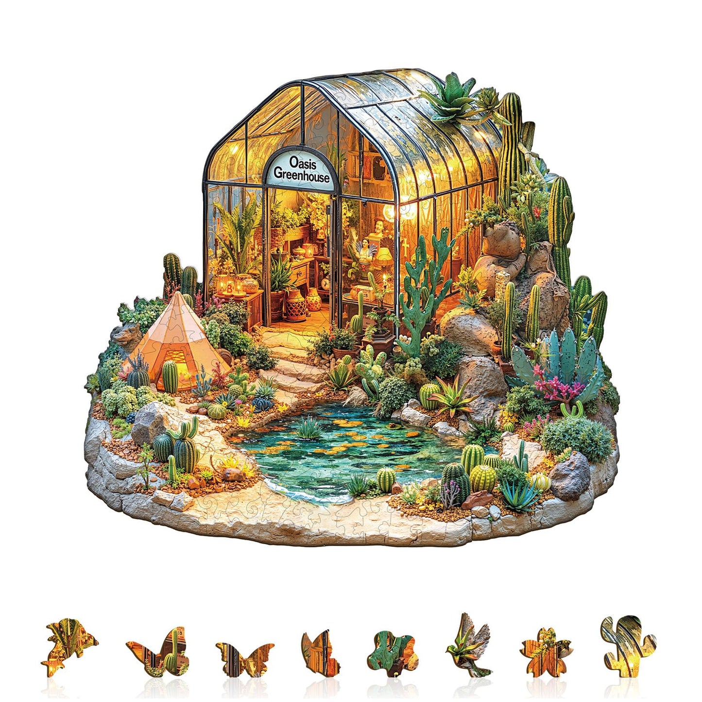 Wooden Puzzles for Adults, Oasis Greenhouse Wooden Jigsaw Puzzle, Wood Puzzles Adult, Unique Shape 3D Visual Flat Puzzle Home Decor Gifts for Puzzle Lovers & Friends (M-11.4 * 10.2 in-175pcs)