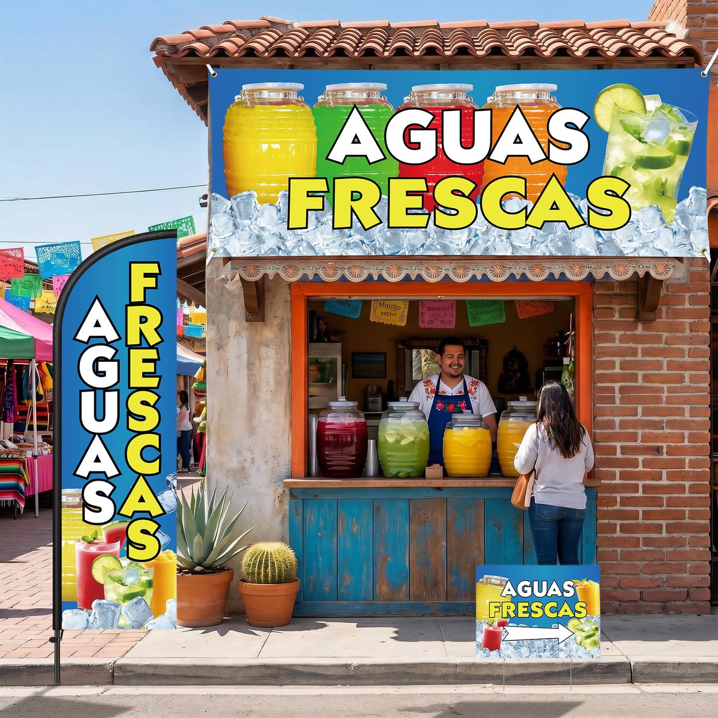 Hahafelt 5 Pcs Aguas Frescas Stand Decor Kit Swooper Feather Flag with Pole Yard Sign and Banner for Outside Advertising Business Lawn Outdoor Decorations