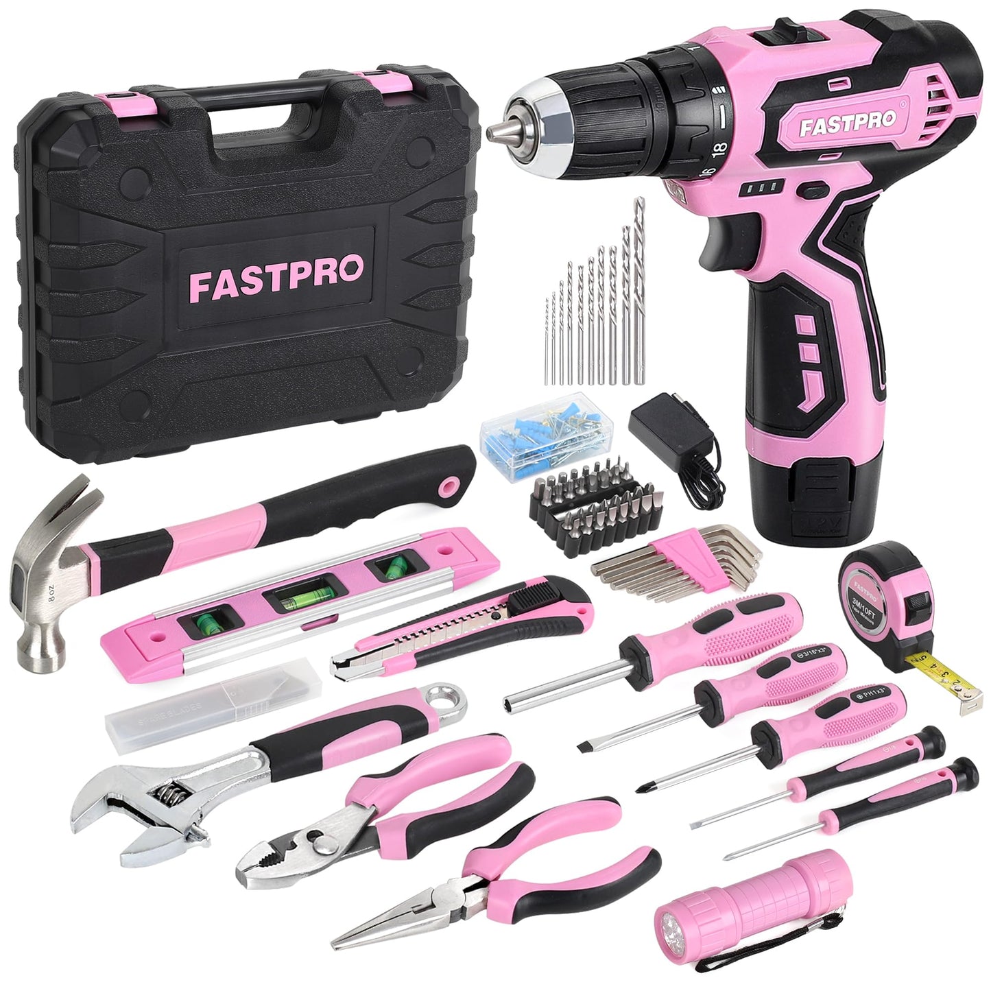 FASTPRO 160-Piece Pink Tool Set with 12V Cordless Drill Driver, Lady's Home Repairing Tool Kit with Drill in Storage Case, For DIY, Home Maintenance