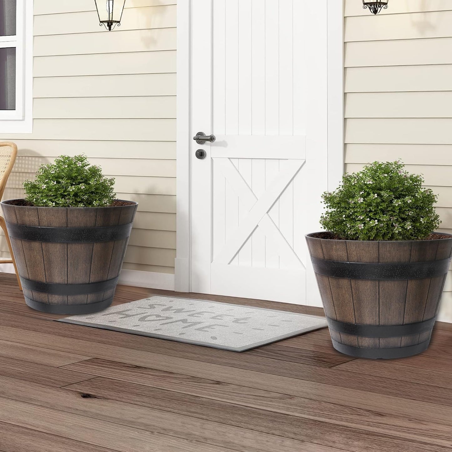 WEICHENGXING Large Plant Pots, 20 Inch 2 Pack Plastic Whiskey Barrel Planters, Big Flower Pots Wine Barrel Design for Outdoor Indoor, Garden, Porch, Patio, Backyard