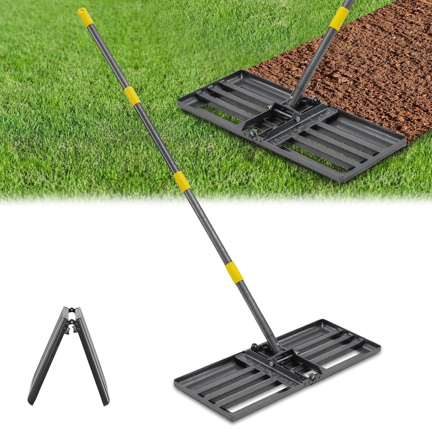 Lawn Leveling Rake, Heavy Duty 30"x10" Foldable Leveler Plate, 6FT Adjustable Stainless Steel Leveling Rake, Reinforced Welds Level rake for Soil, Dirt, Ground, Yard, Top Dressing, Landscaping