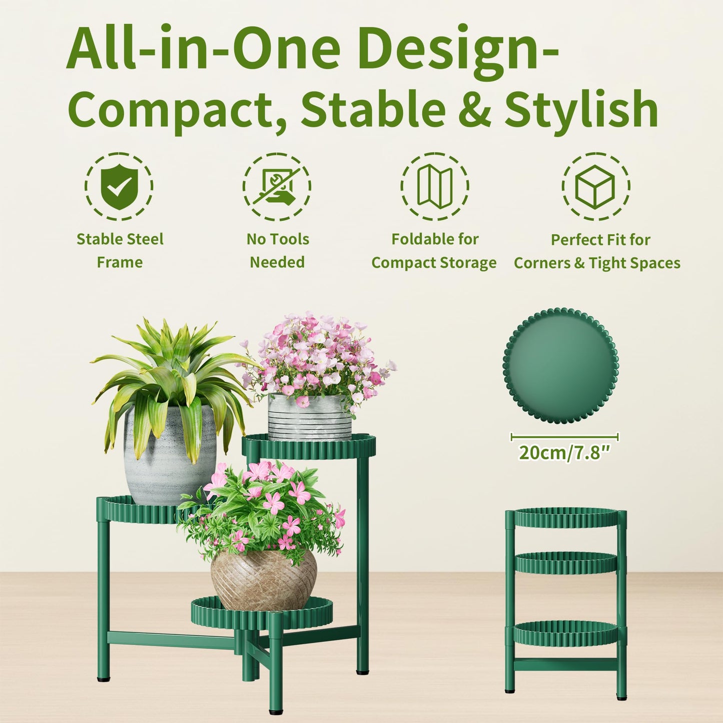 NQW Plant Stand Indoor Outdoor, 3 Tier Corner Metal Flower Display Holder Shelf, Folding Tall Plant Rack for House Patio Balcony Porch Living Room, Heavy Duty Anti-Rust Wrought Iron - GreenFloroma