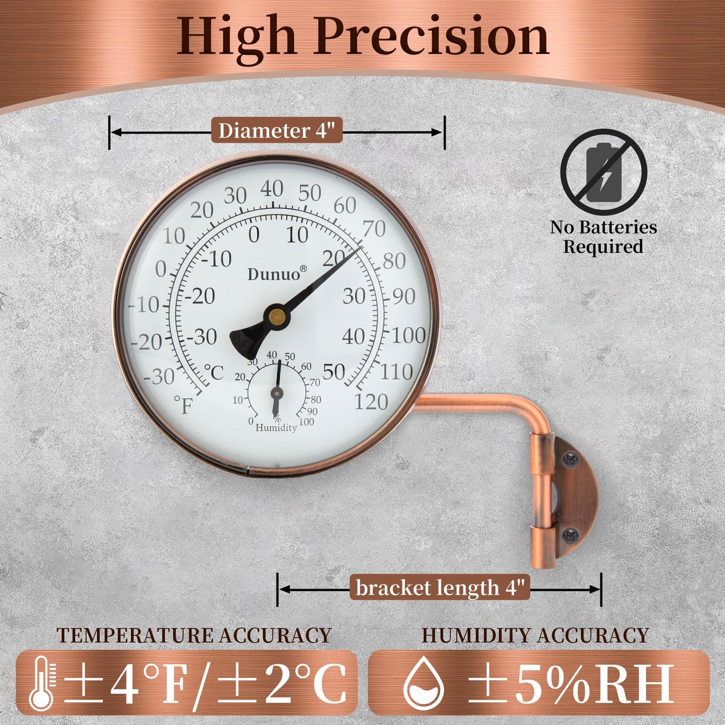 Dunuo 4" Brass Outdoor Thermometer with Humidity, Analog Wall Mount Temperature Gauge, Decorative for Patio, Garage, House, Greenhouse, Window, Antique Bronze, No Battery