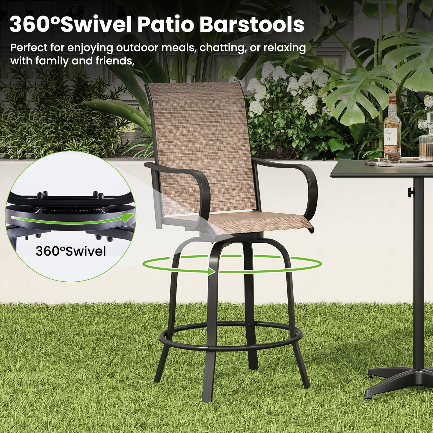 Soohow Outdoor Bar Stools Set of 4, Swivel Patio Barstools with Textilene Fabric, Height Top Patio Chair 360° Swivel, All Weather Use, Ergonomic Comfort Bar Height Tall Outdoor Stools for Balcony